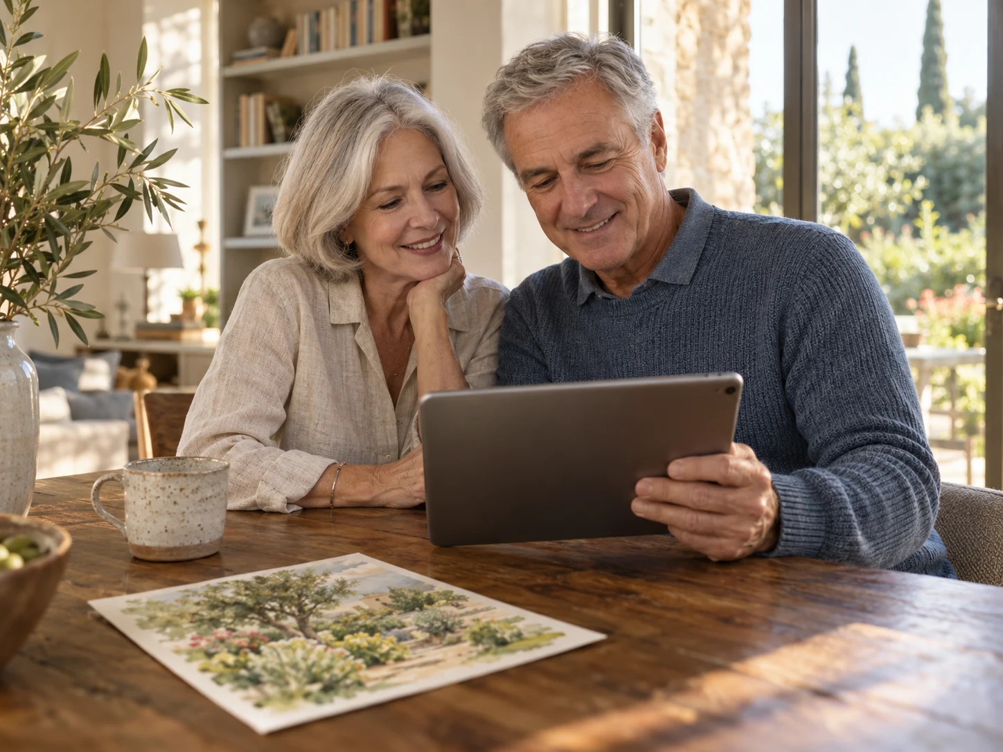 AI-generated illustration of two older adults using a tablet together at a sunlit dining table