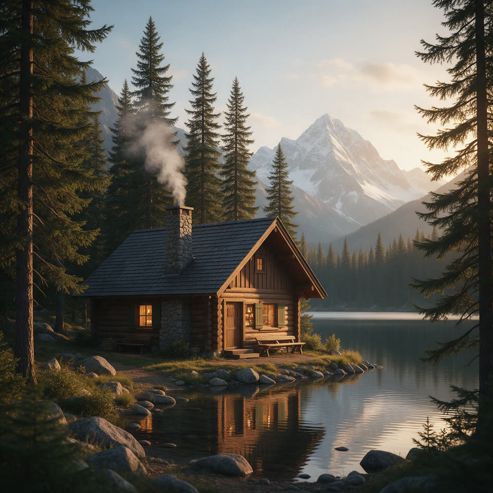 Still image of a wooden cabin beside a calm mountain lake at golden hour