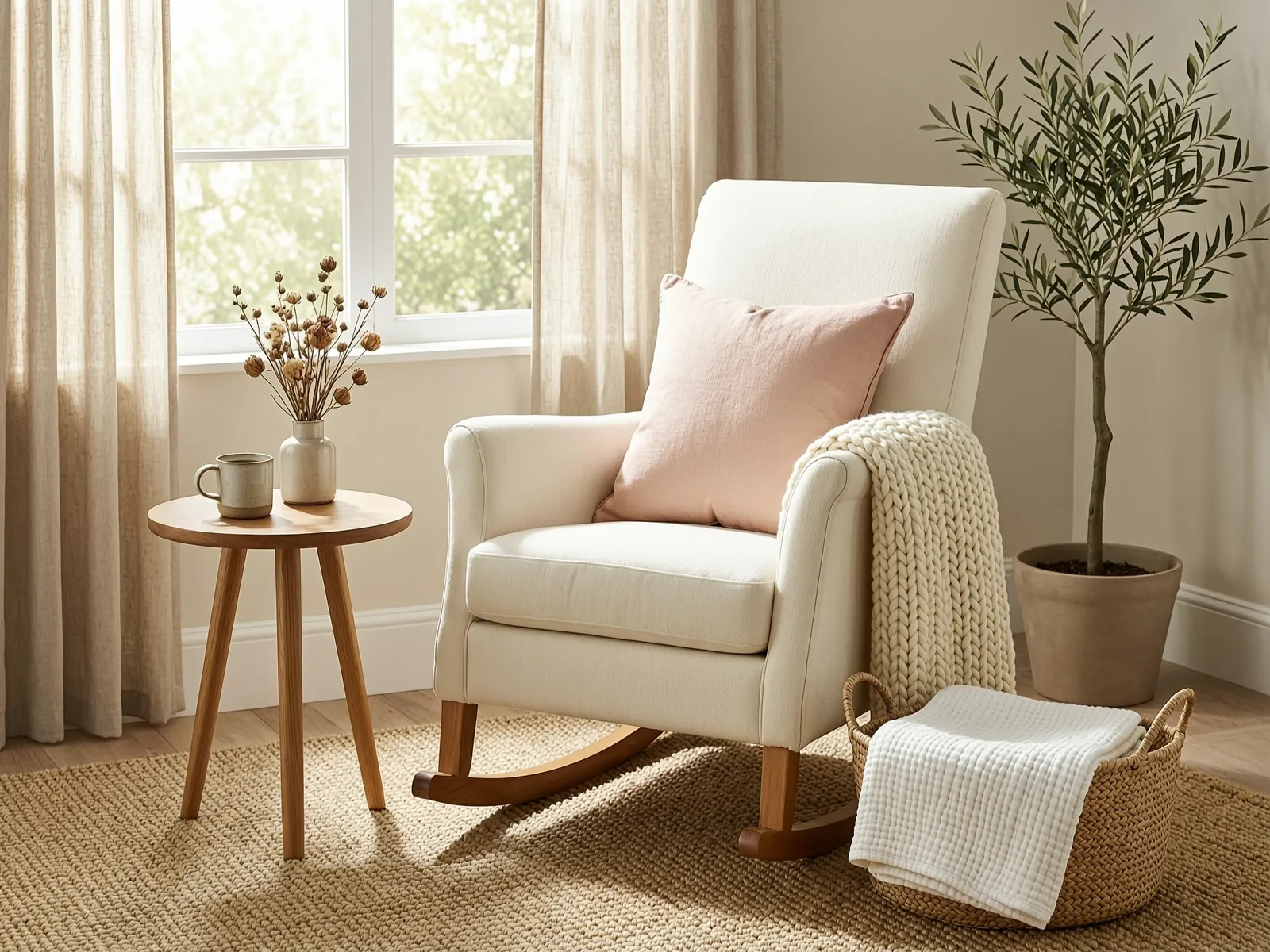 An empty cream glider rocking chair with a blush cushion and a chunky knit blanket beside a sunlit window, a mug of tea on an oak side table and a basket of muslin cloths