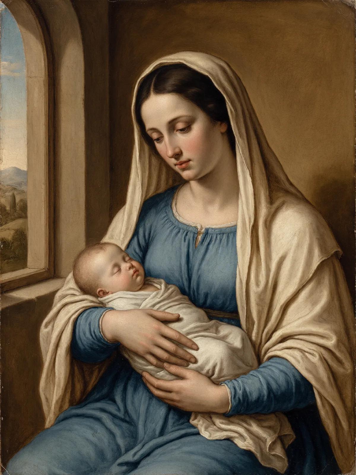 An oil painting in Renaissance style of a young mother in a blue dress and cream shawl by an arched window, gazing down at her sleeping swaddled newborn