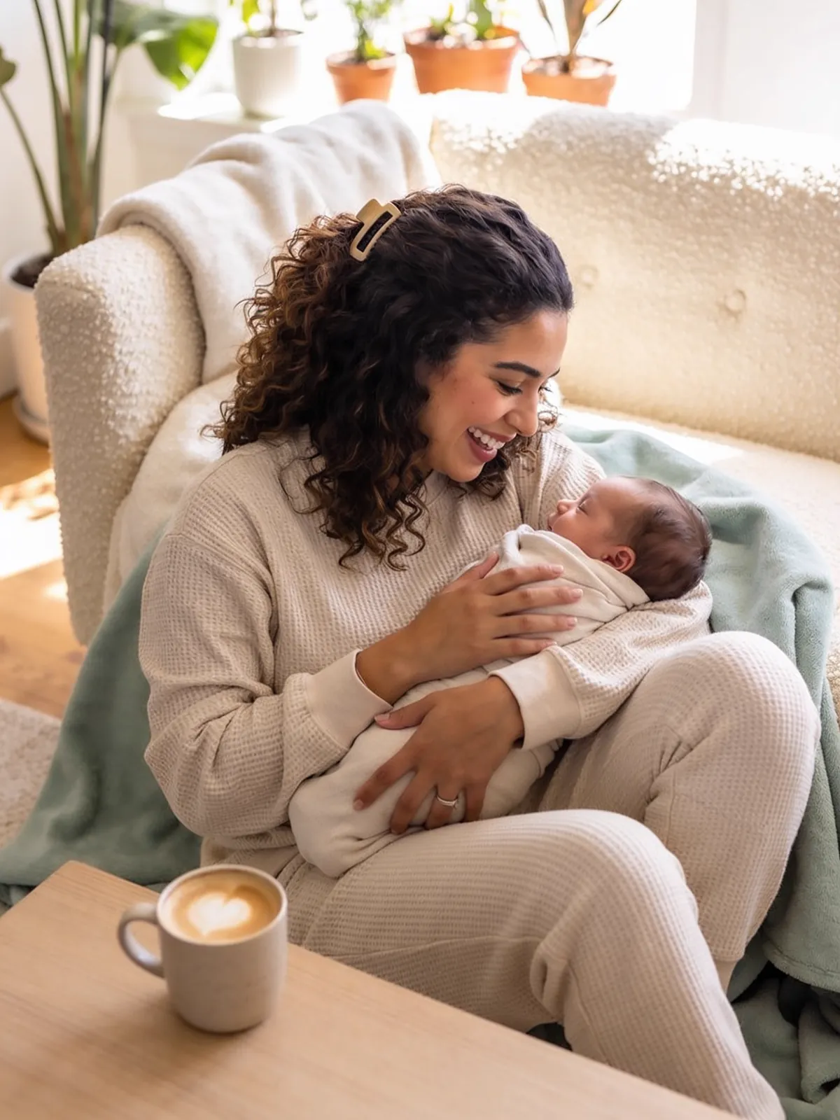 A laughing mother with curly dark hair in an oatmeal waffle-knit lounge set sits on a cream sofa with a sage blanket behind her, holding her swaddled newborn, a latte on the table