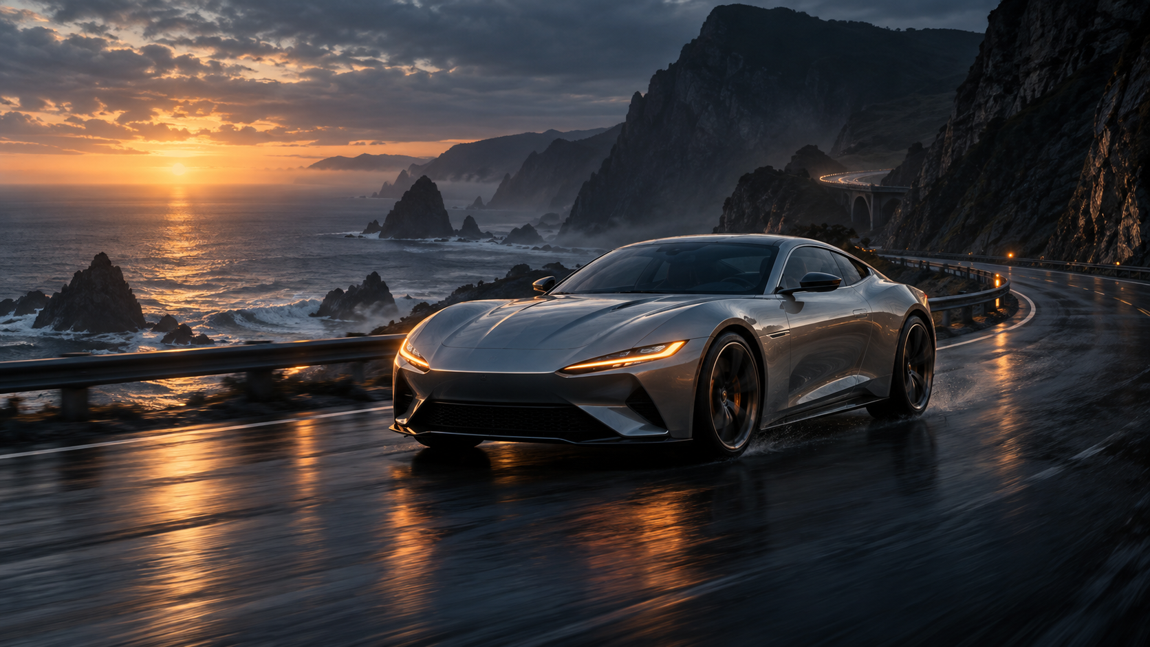 Cinematic concept art of an unbranded sports coupe in an industrial coastal setting.