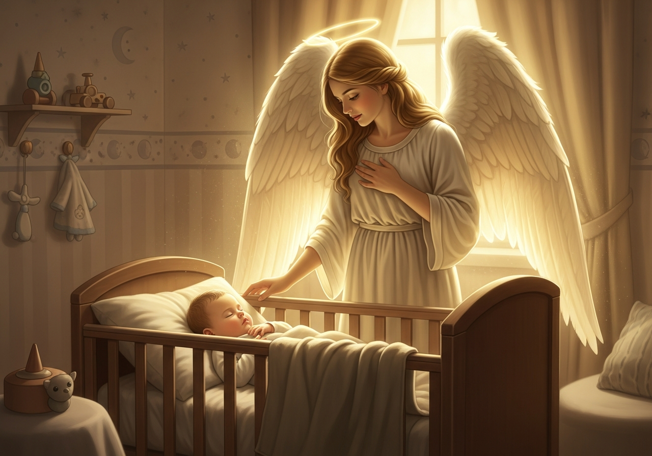 AI generated guardian angel watching over sleeping baby