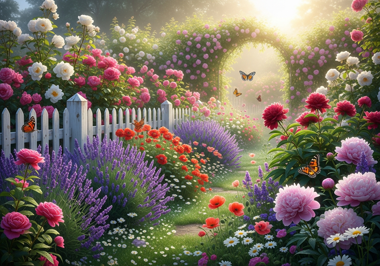 AI generated beautiful cottage garden with flowers and white picket fence