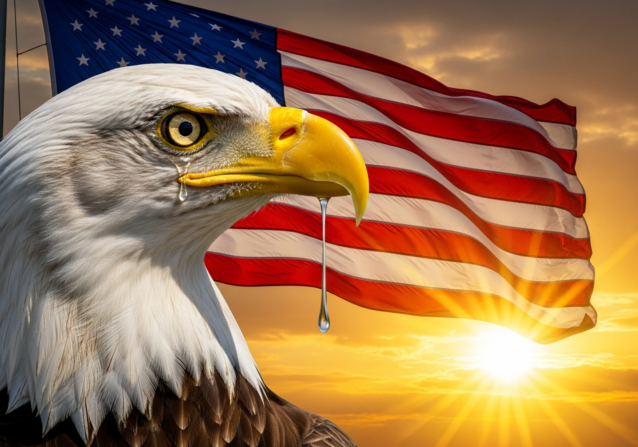 AI generated patriotic bald eagle with American flag at sunset