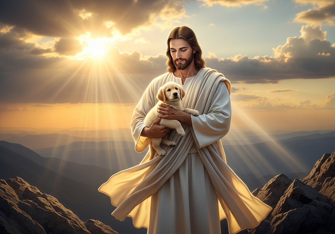 AI generated Jesus holding golden retriever puppy on mountain at sunset