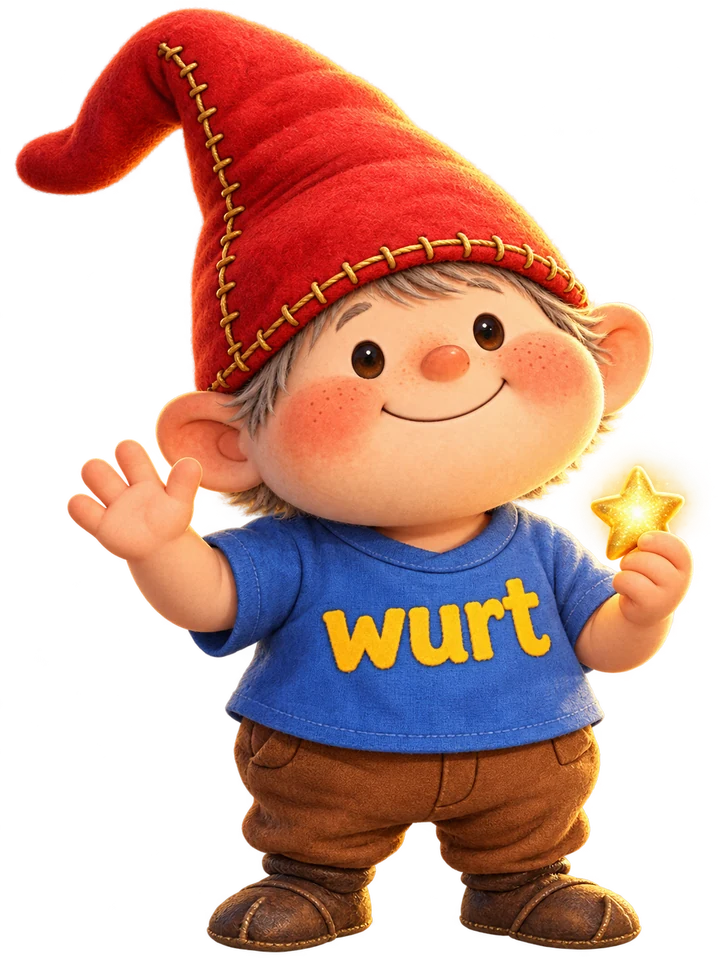 Wurt, a smiling gnome with a red hat, waves hello.