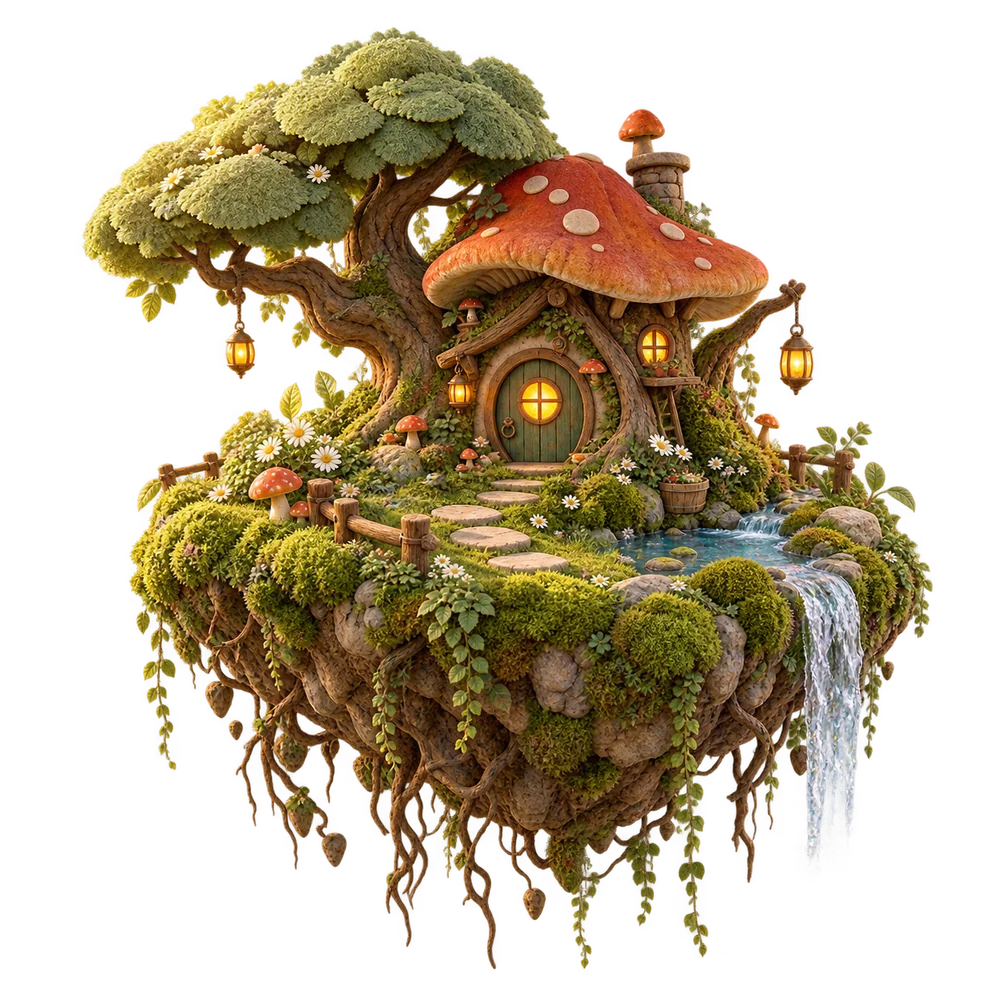 A floating woodland island with a glowing cottage and waterfall.