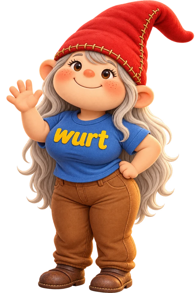 Sqwurt, a cheerful gnome with long silver hair and a red hat.